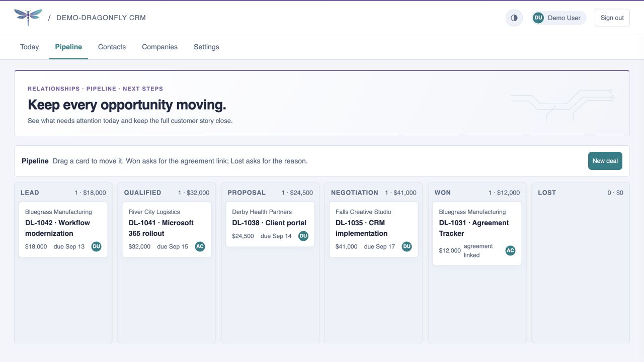 Dragonfly CRM interface with fictional demo data